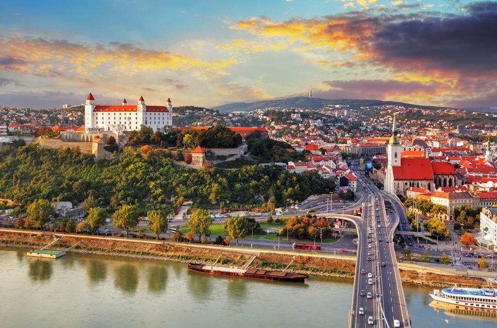 Bratislava at sunset - aerial view, Slovakia